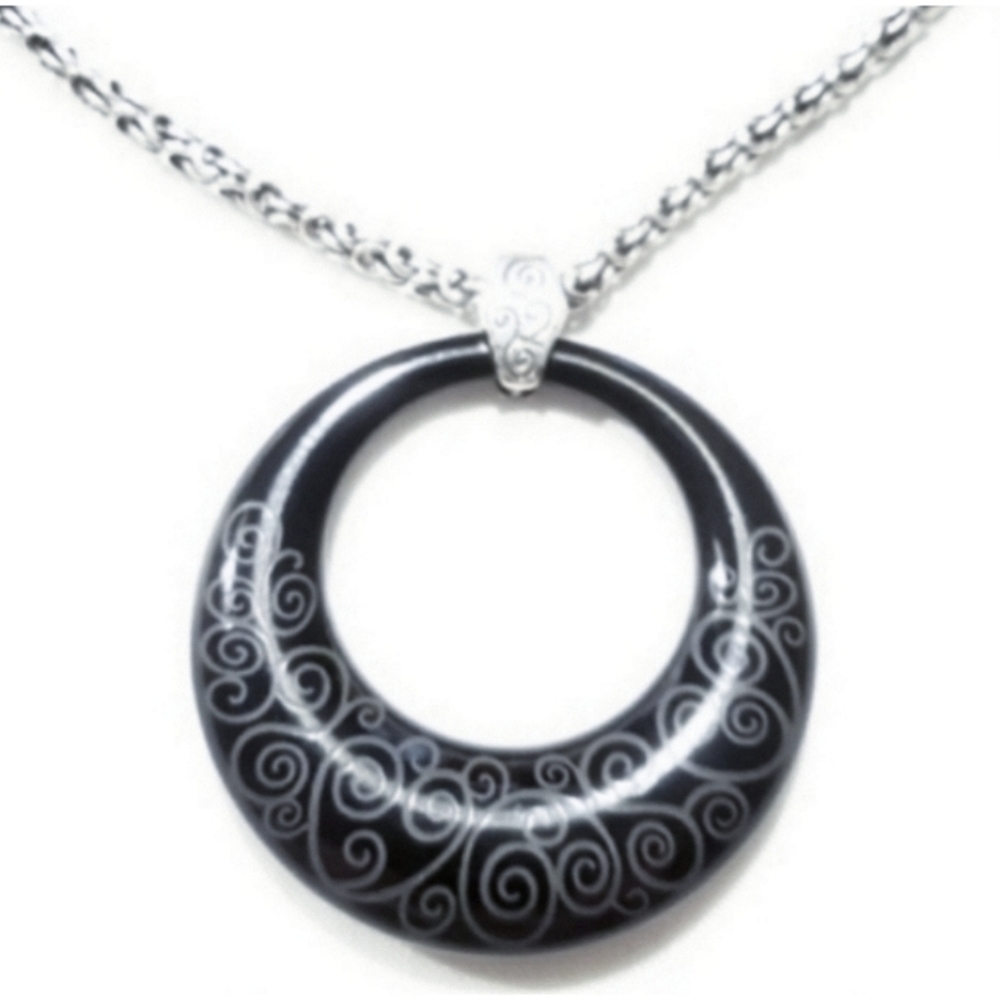 Vintage Brighton Lava Lounge Lucite Black Silver Scroll Design Necklace - Picture 5 of 9